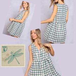 🆕 POL - Sparkling Plaid Tweed Babydoll Mini Dress - 100% COTTON - NIB